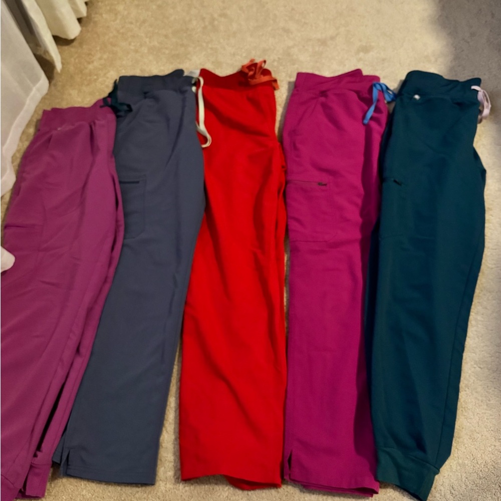 Set of 5 Figgs scrub pants, all size Large, various styles.